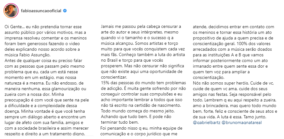 Imagem de print do post do Fabio Assunção sobre música que faz referência ao seu alcoolismo